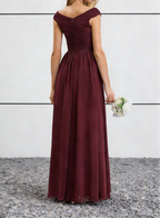 Burgundy Off-the-Shoulder Chiffon Maxi Dress with Ruched Bodice & High Slit