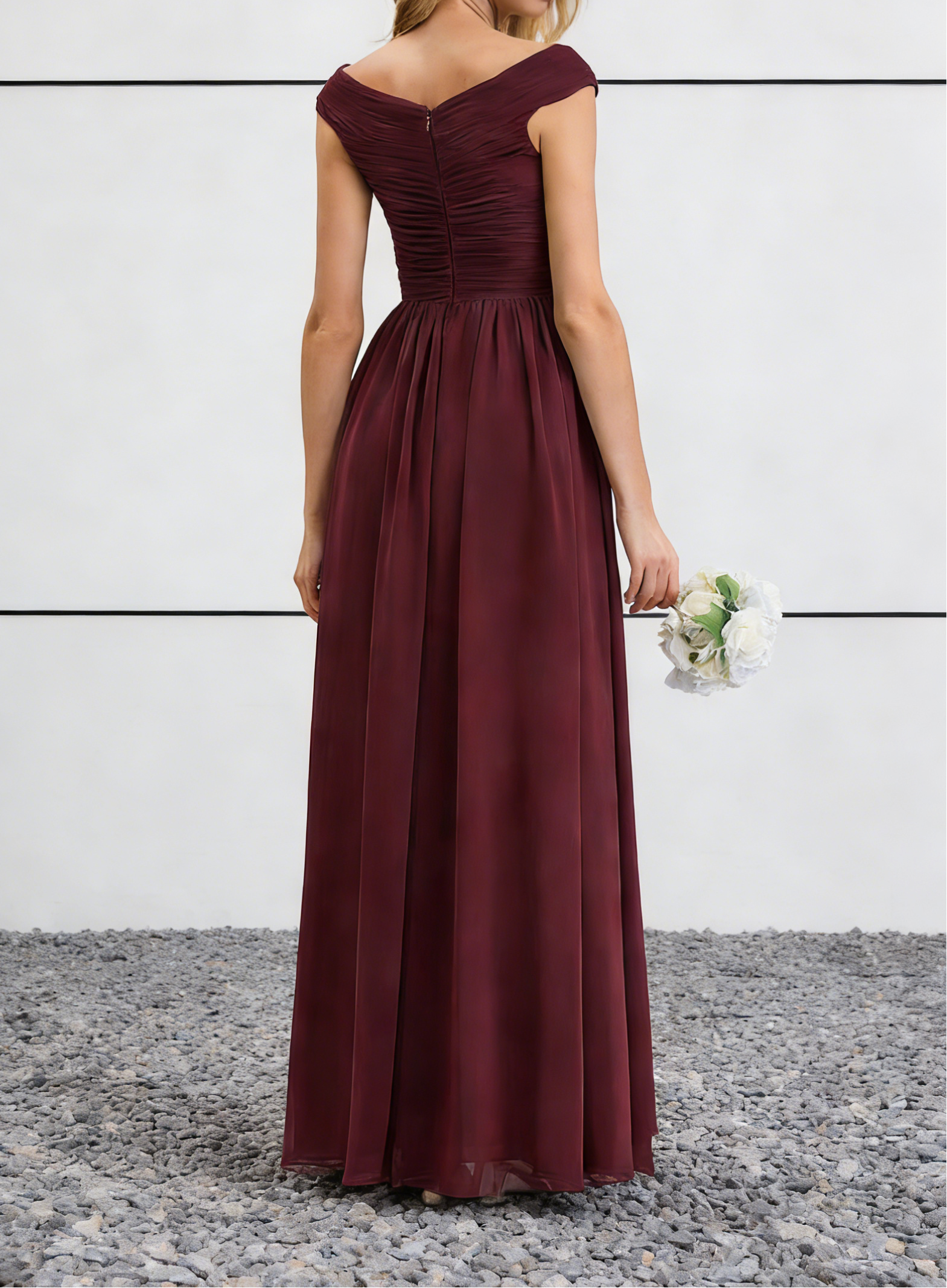 Burgundy Off-the-Shoulder Chiffon Maxi Dress with Ruched Bodice & High Slit