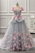 Elegant Lace-up Back Floral Appliques Grey Long Prom Dress