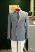 Double Breasted Light Grey Wool Suit For Groom And Business With Peak Lapels