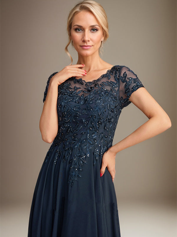 A-Line Scoop Floor-Length Chiffon Mother of the Bride Dress With Applique & Sequins