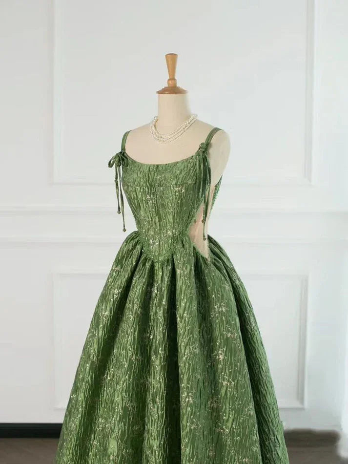 Vintage Green Evening Gown Spaghetti Straps A Line Prom Party Dress Brithday Ball Gown Y7567