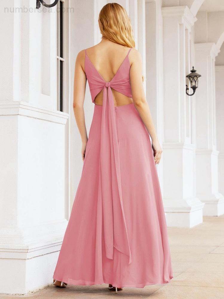 Spaghetti Strap Bridesmaid Dresses V Neck Butterfly Back Fromal Evening Party Prom Gown 28036