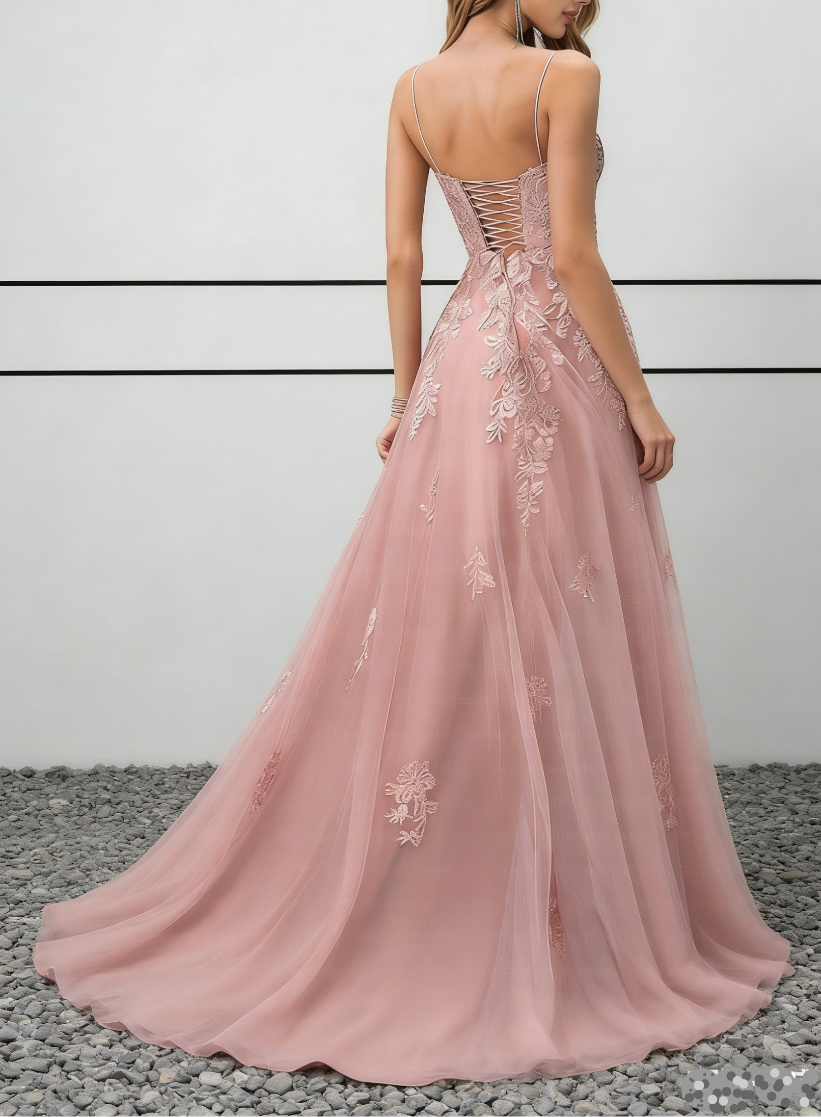 Blush Pink Lace Appliqué Tulle Maxi Dress with Spaghetti Straps & Lace-Up Back