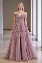 Luxury Pink Dreamy Ruffles Beaded A-Line Evening Dress LA73385