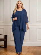 Separates Jumpsuit/Pantsuit Scoop Floor-Length Lace Chiffon Mother of the Bride Dress With Sequins