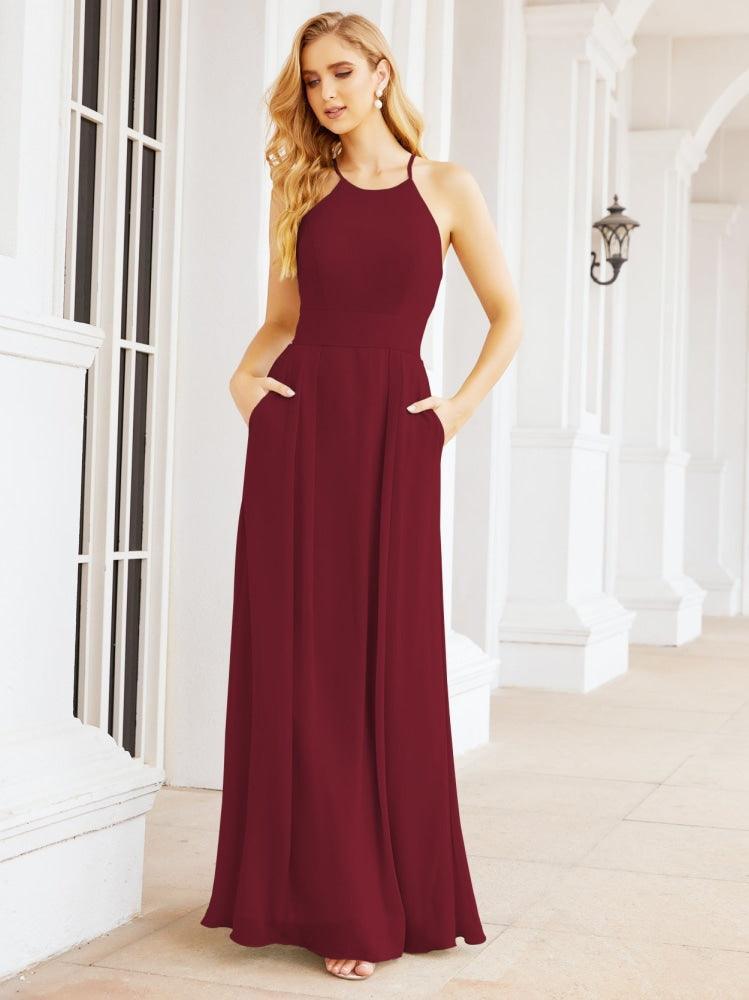 Halter Bridesmaid Dresses with Pockets Sleeveless Formal Evening Party Prom Gowns  28055
