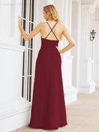 Halter Bridesmaid Dresses with Pockets Sleeveless Formal Evening Party Prom Gowns  28055