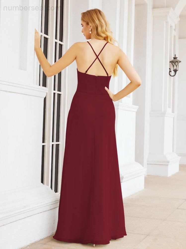 Halter Bridesmaid Dresses with Pockets Sleeveless Formal Evening Party Prom Gowns  28055