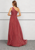 Dusty Rose Chiffon One-Shoulder Maxi Dress with Ruched Bodice & Train