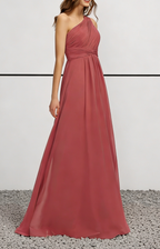 Dusty Rose Chiffon One-Shoulder Maxi Dress with Ruched Bodice & Train