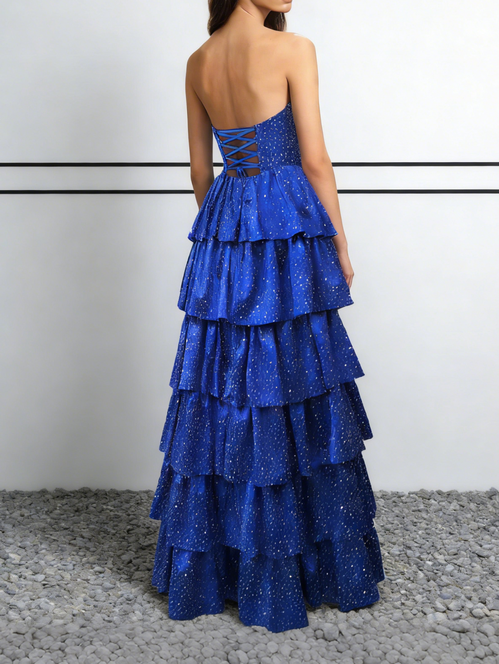 Royal Blue Strapless Tiered Prom Dress | Sparkle Glitter Ruffle Evening Gown