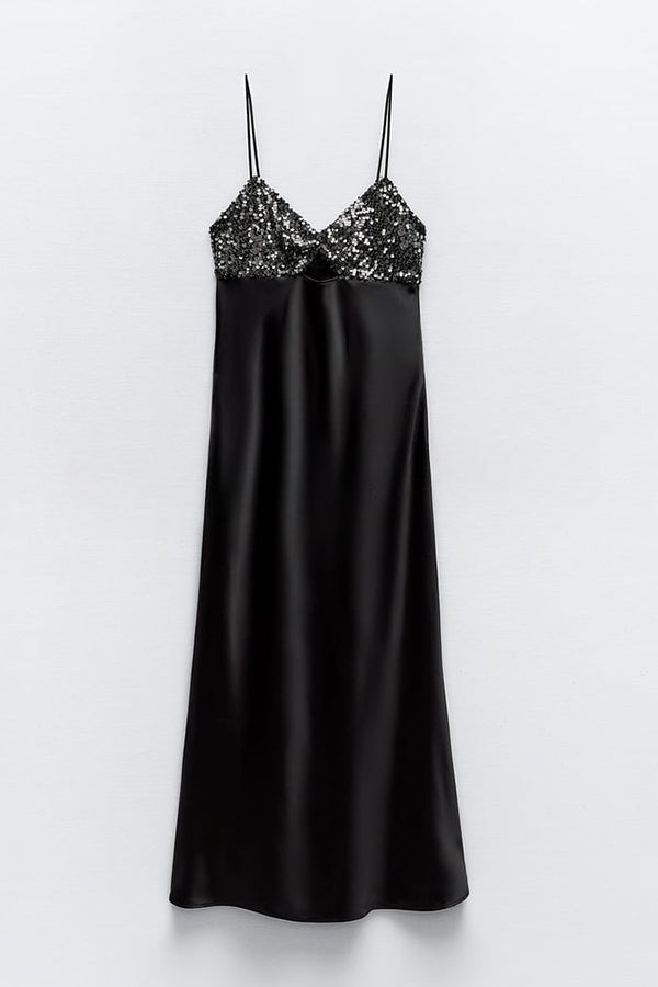 Party on My Mind Sequin Satin Patchwork Slip Stretch Midi Dress