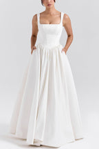 Wide Straps Corset Solid Color Gowns Maxi Dresses-White