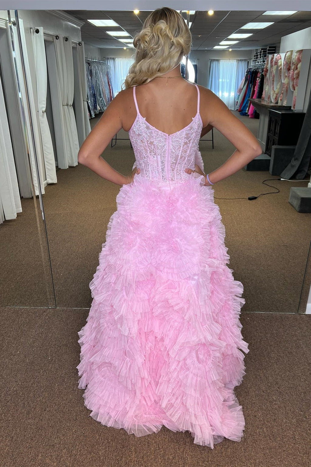 Plunging V Ruffles Floral Long Prom Dress with Slit