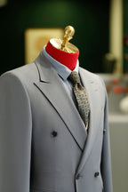Double Breasted Light Grey Wool Suit For Groom And Business With Peak Lapels