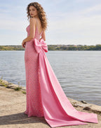 Blush Pink Crystal Mermaid Gown With Corset Bodice And Satin Bow Train