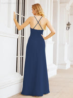 Halter Bridesmaid Dresses with Pockets Sleeveless Formal Evening Party Prom Gowns  28055