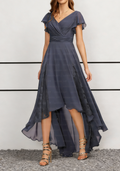 Dusty Blue Chiffon V-Neck High-Low Midi Dress with Flutter Sleeves & Lace Panels