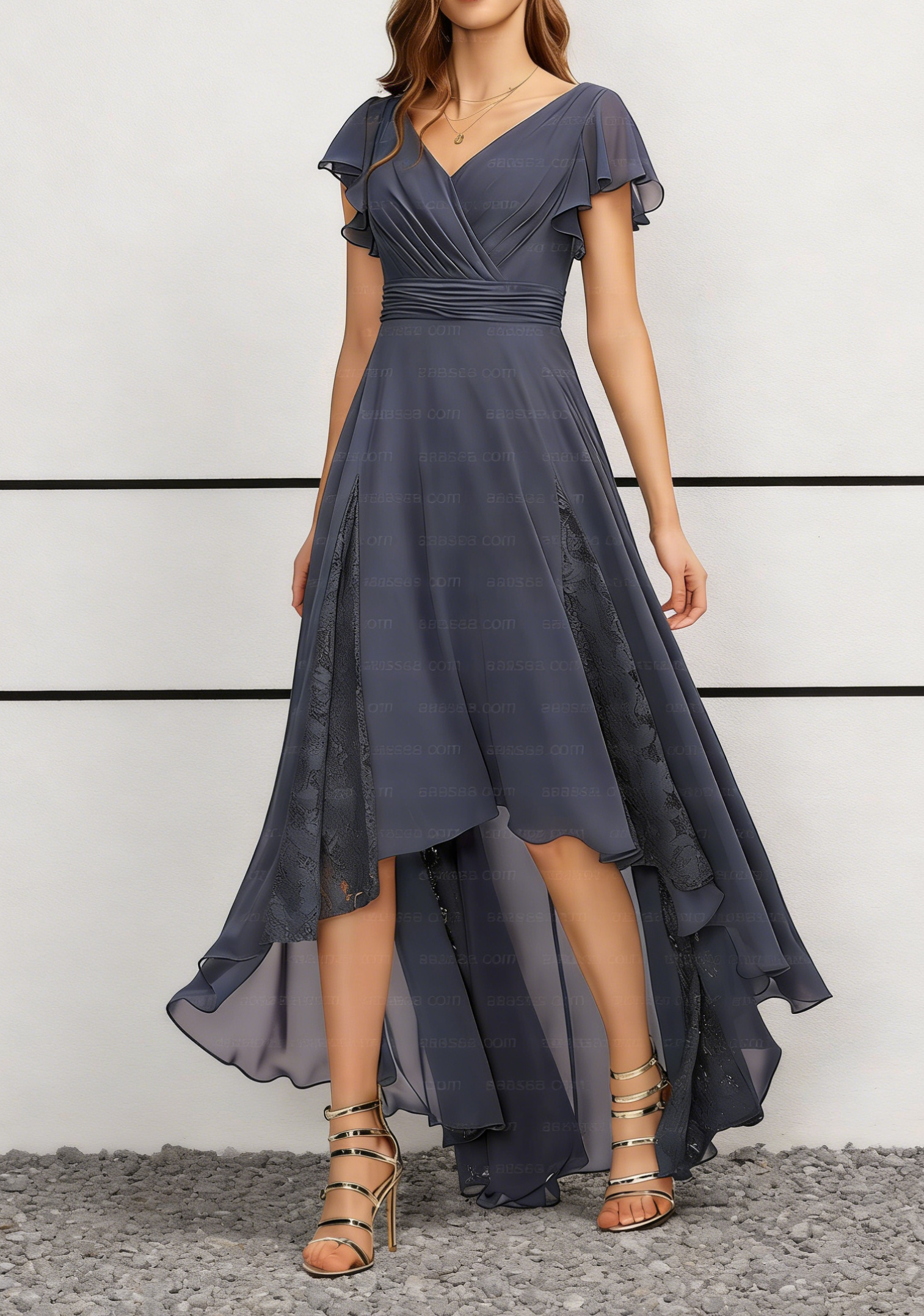 Dusty Blue Chiffon V-Neck High-Low Midi Dress with Flutter Sleeves & Lace Panels