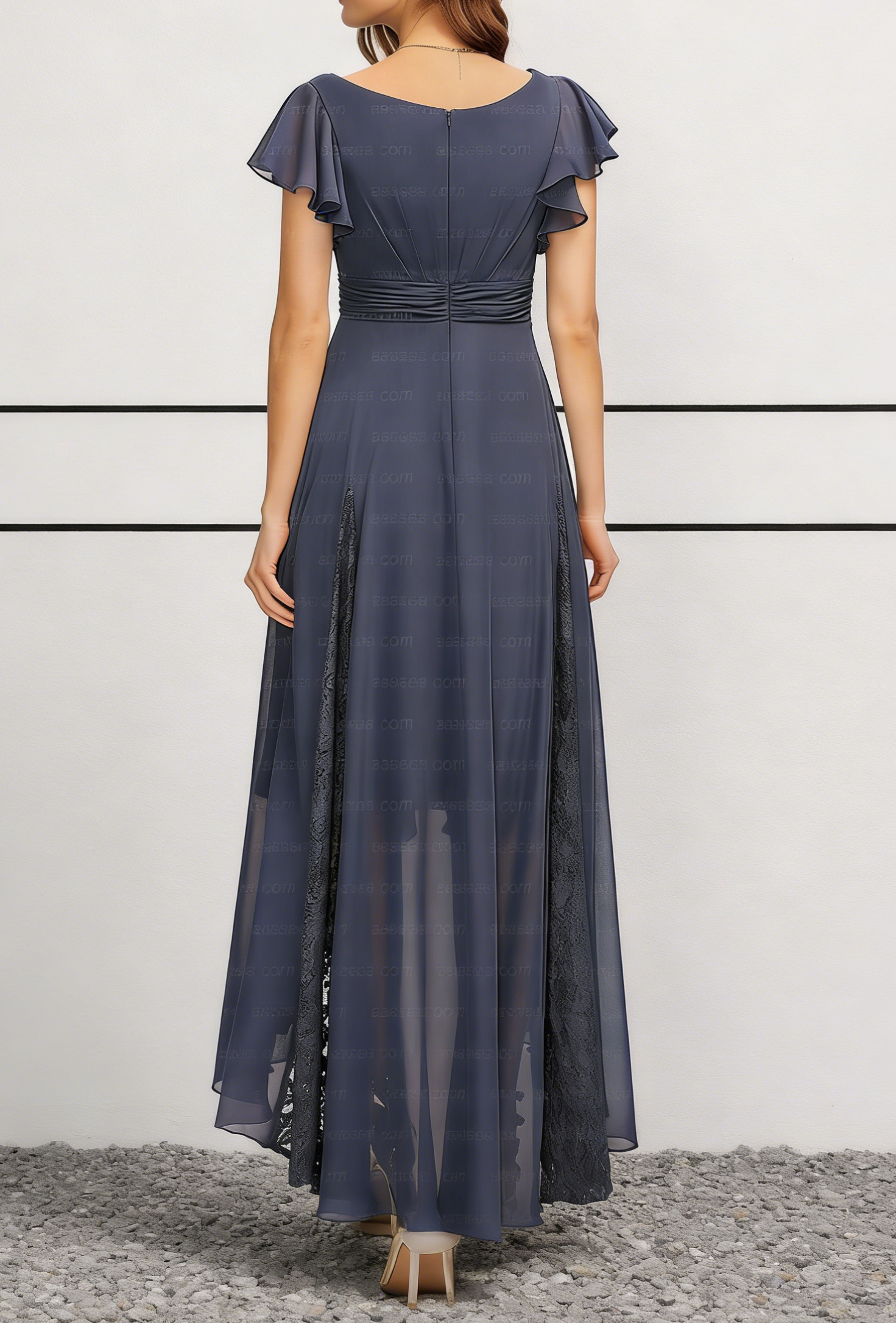Dusty Blue Chiffon V-Neck High-Low Midi Dress with Flutter Sleeves & Lace Panels