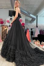 A-Line Strapless Pink Tiered Long Tulle Prom Dress