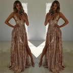 Spaghetti-Straps V-Neck Prom Dress Sequins Split Sleeveless Evening Gown