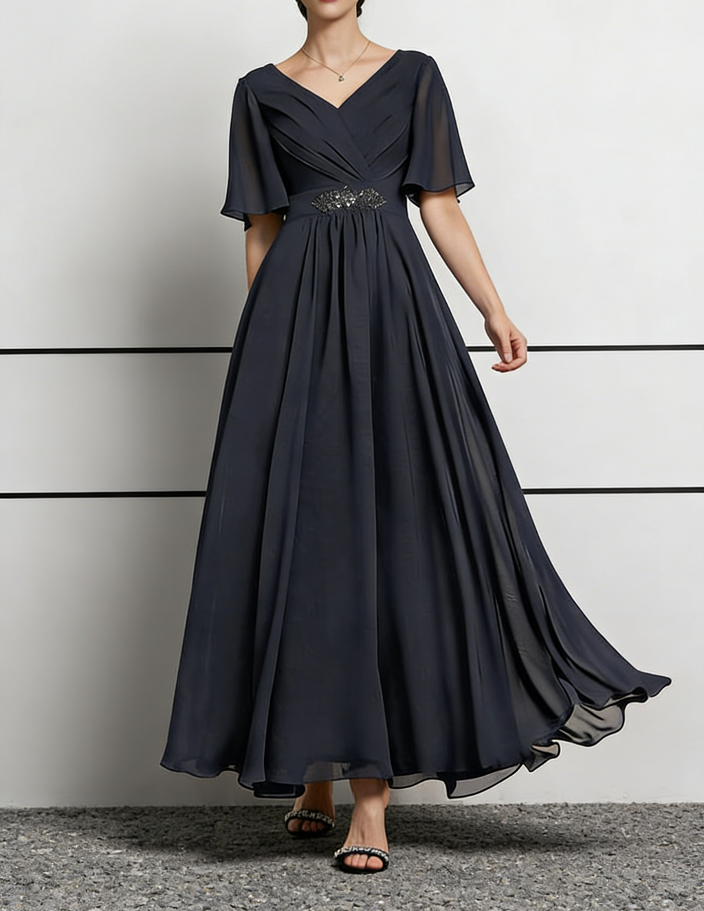 Dusty Navy Chiffon V-Neck Maxi Dress with Flutter Sleeves & Beaded Waist