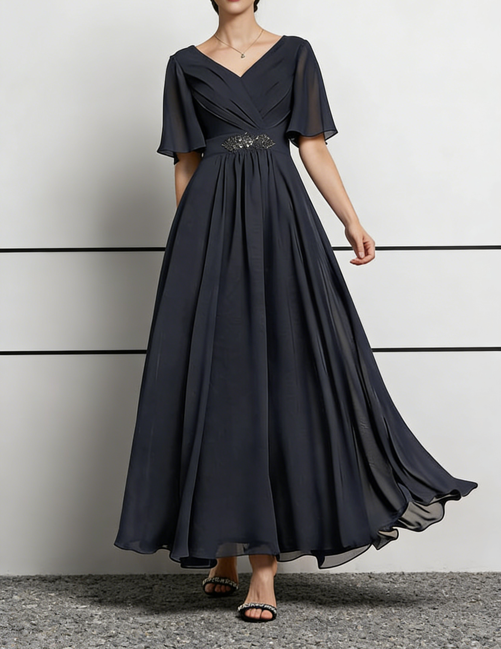 Dusty Navy Chiffon V-Neck Maxi Dress with Flutter Sleeves & Beaded Waist