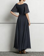 Dusty Navy Chiffon V-Neck Maxi Dress with Flutter Sleeves & Beaded Waist