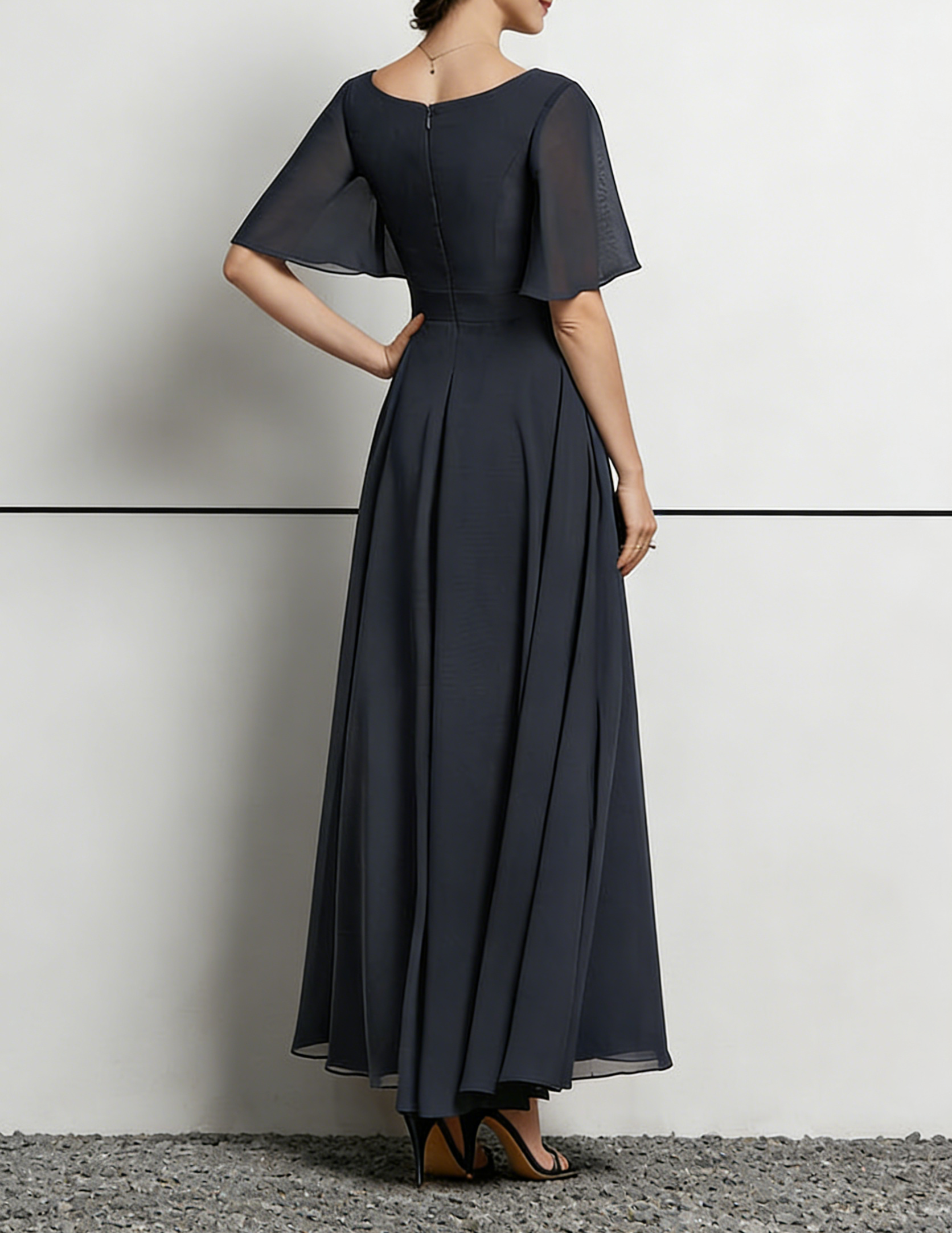Dusty Navy Chiffon V-Neck Maxi Dress with Flutter Sleeves & Beaded Waist