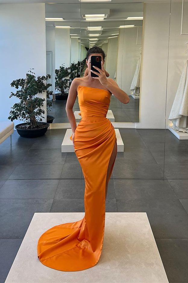 Long Mermaid Strapless Sleeveless Satin Prom Dress with Slit