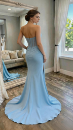 Light Blue Strapless Corset Mermaid Gown Crystal High Slit Evening Dress