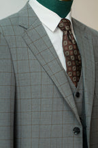 Three Piece Windowpane Wool Suit Tailored Fit for Formal Groom and Business