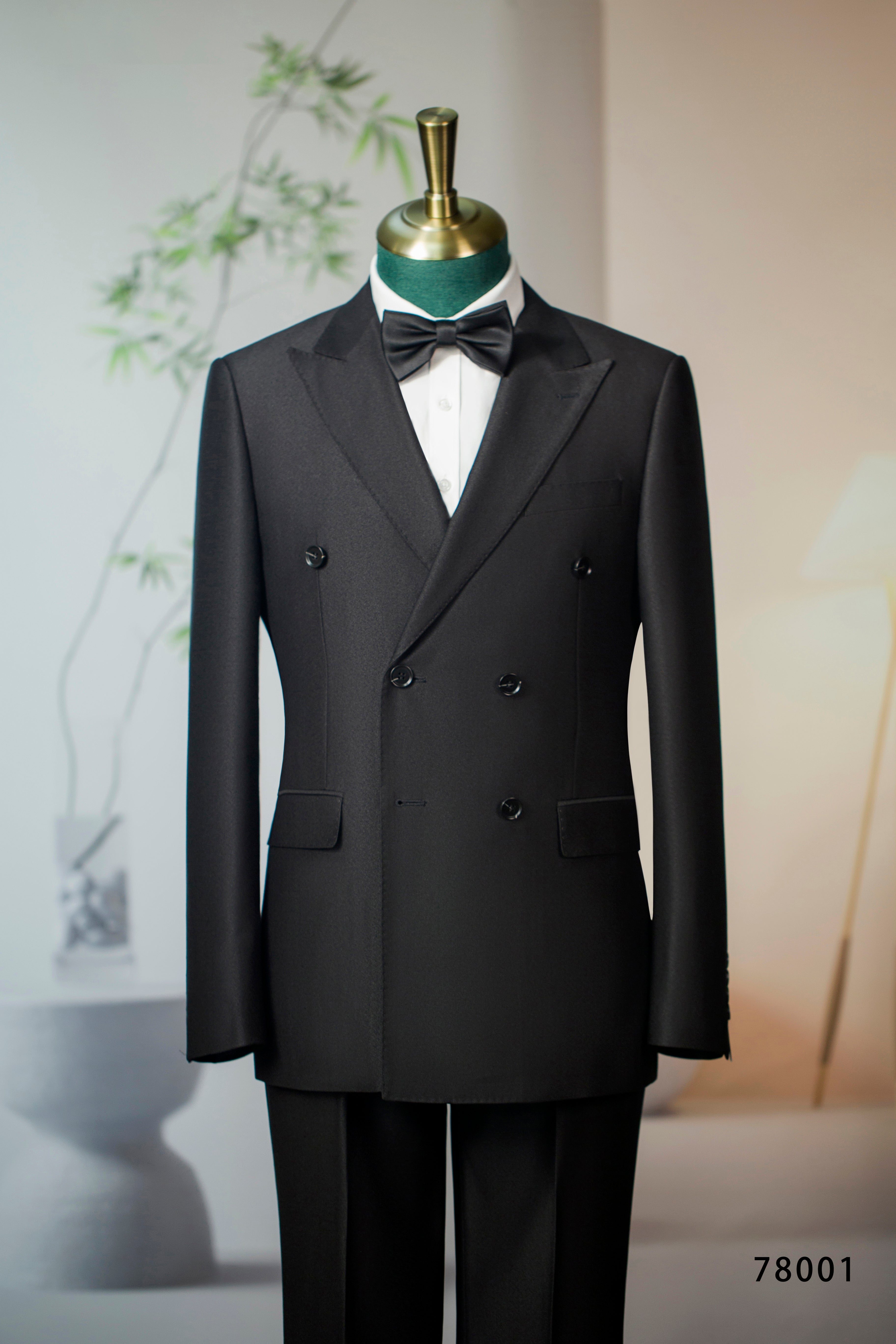 Double Breasted Black Wool Tuxedo Peak Lapels Six Button Classic Tailored Groom