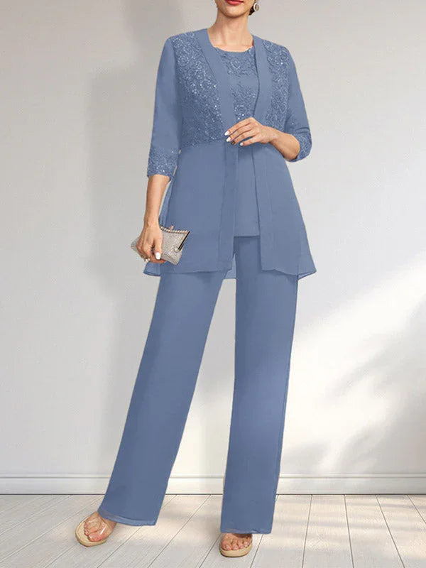 Jumpsuit/Pantsuit Separates Scoop Floor-Length Chiffon Lace Mother of the Bride Dress With Sequins