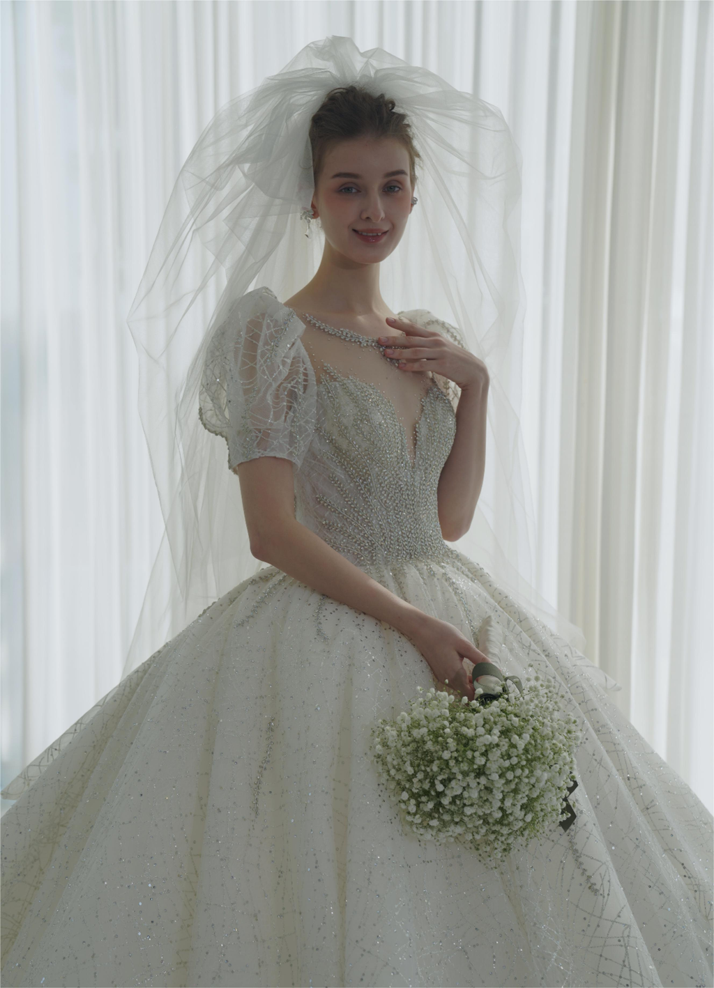 Regal Puff-Sleeve Crystal Ball Gown Wedding Dress with Oversized Back Bow & Cathedral Train