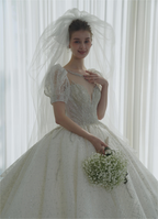 Regal Puff-Sleeve Crystal Ball Gown Wedding Dress with Oversized Back Bow & Cathedral Train