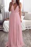 Sexy Solid Color Backless Mesh V Neck Evening Dresses