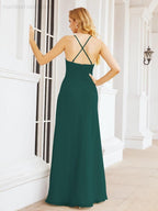 Halter Bridesmaid Dresses with Pockets Sleeveless Formal Evening Party Prom Gowns  28055