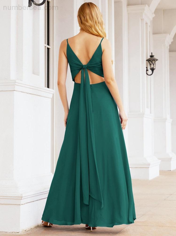 Spaghetti Strap Bridesmaid Dresses V Neck Butterfly Back Fromal Evening Party Prom Gown 28036