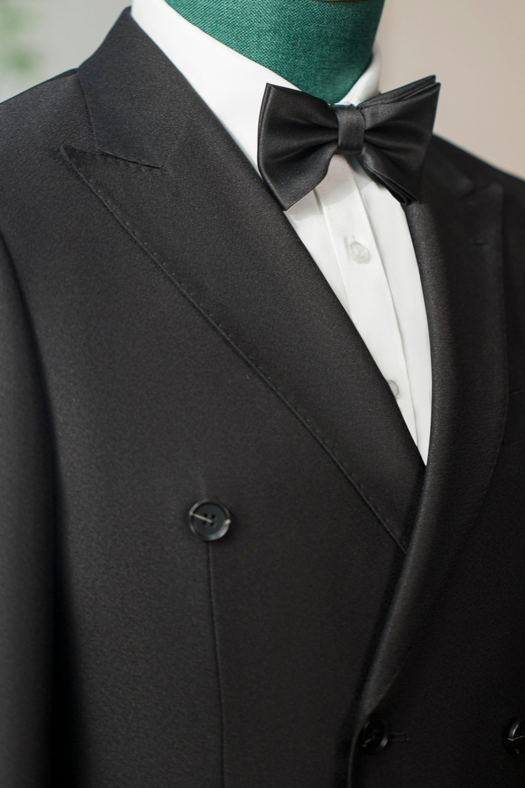 Double Breasted Black Wool Tuxedo Peak Lapels Six Button Classic Tailored Groom