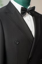 Double Breasted Black Wool Tuxedo Peak Lapels Six Button Classic Tailored Groom