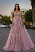 Pink Tulle Spaghetti Straps A-Line Long Prom Dress With Sequins Beads