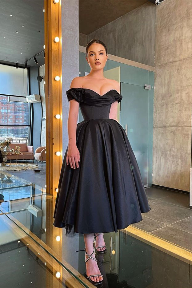 A-line Sleek and Stunning Off-the-Shoulder Black Prom Dress with Ruffle