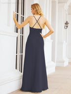Halter Bridesmaid Dresses with Pockets Sleeveless Formal Evening Party Prom Gowns  28055