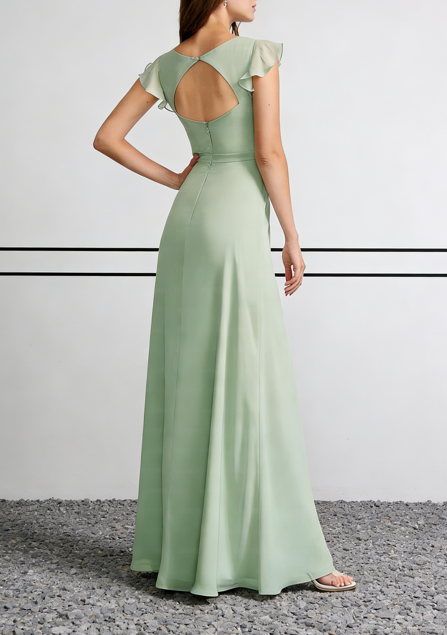 Sage Green Chiffon V-Neck Maxi Dress with Flutter Sleeves & Cutout Back