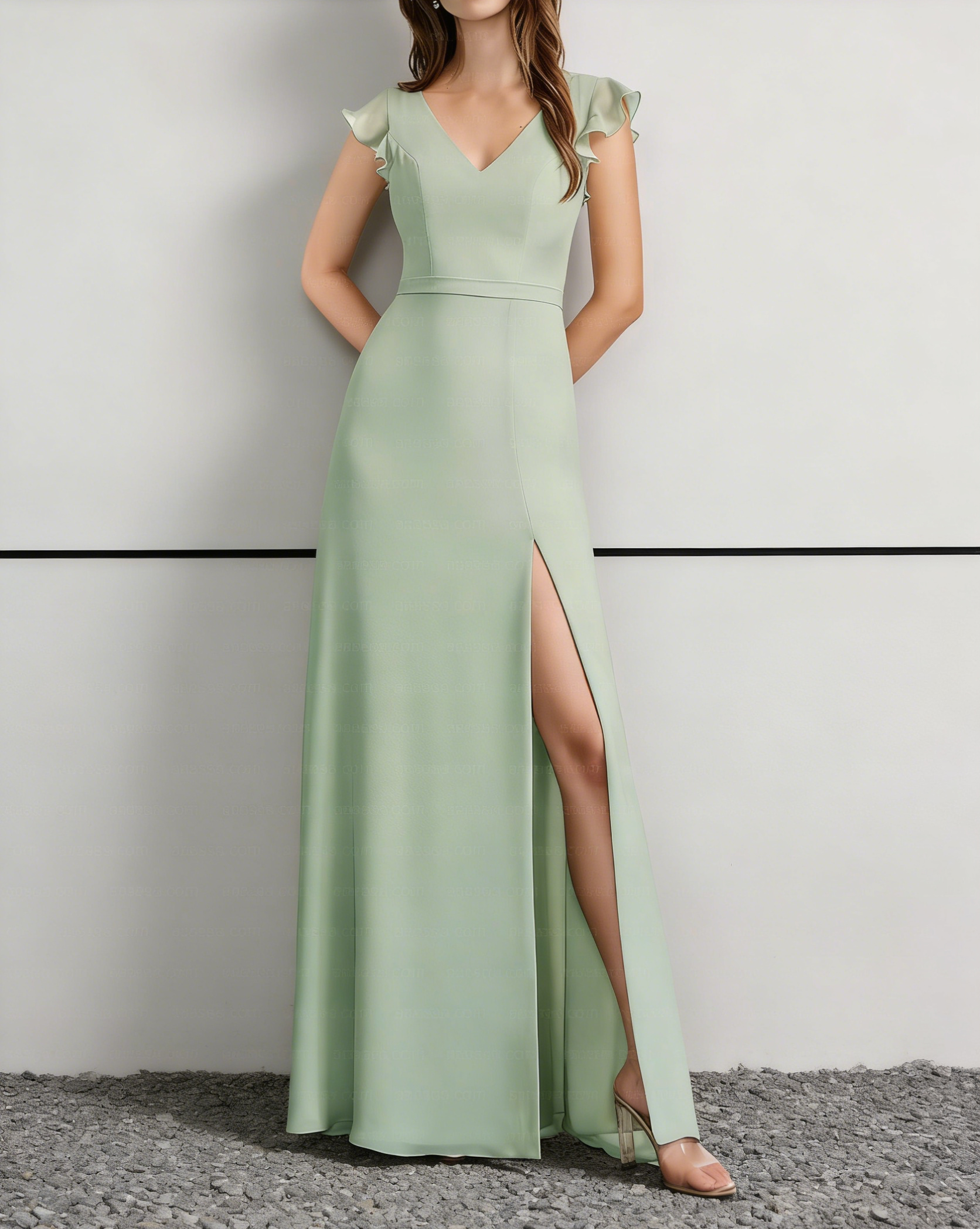 Sage Green Chiffon V-Neck Maxi Dress with Flutter Sleeves & Cutout Back