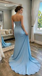 Light Blue Strapless Corset Mermaid Gown Crystal High Slit Evening Dress