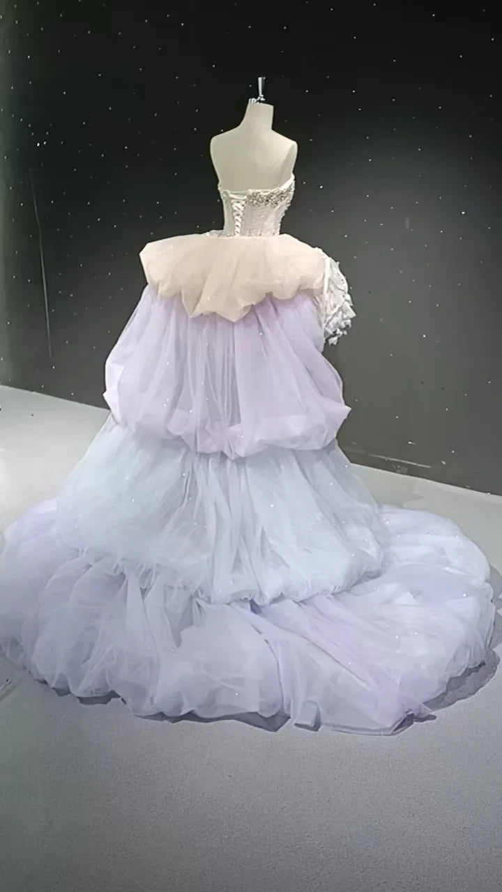 Starry veil feather crystal embellished flower bud dress
